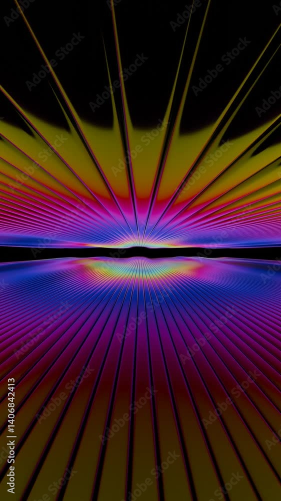 Poster Rainbow lines converge at the horizon, glowing in neon against a black backdrop, creating a dynamic wave pattern that merges illusions, technology, and synergy for a futuristic design.