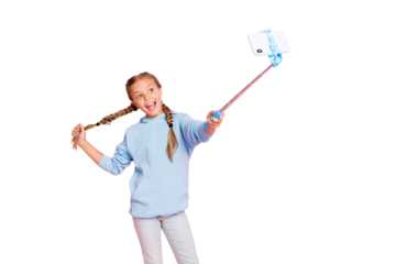 Photo of pretty little lady holding metal stick mono pod making selfies for youth famous blog wear casual blue hoodie pullover isolated pastel pink color background