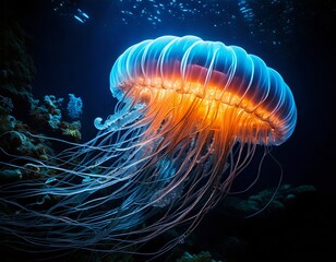 Fototapeta premium Underwater Luminescence: A captivating jellyfish glows amidst a dark ocean scene, its delicate form illuminated by an ethereal light that paints the aquatic world.