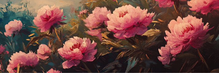 Obraz premium vector illustration of pink peonies in style of oil painting on canvas