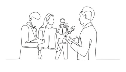 Continuous Line Drawing of Interview, Journalist Talking with People, Isolated on White