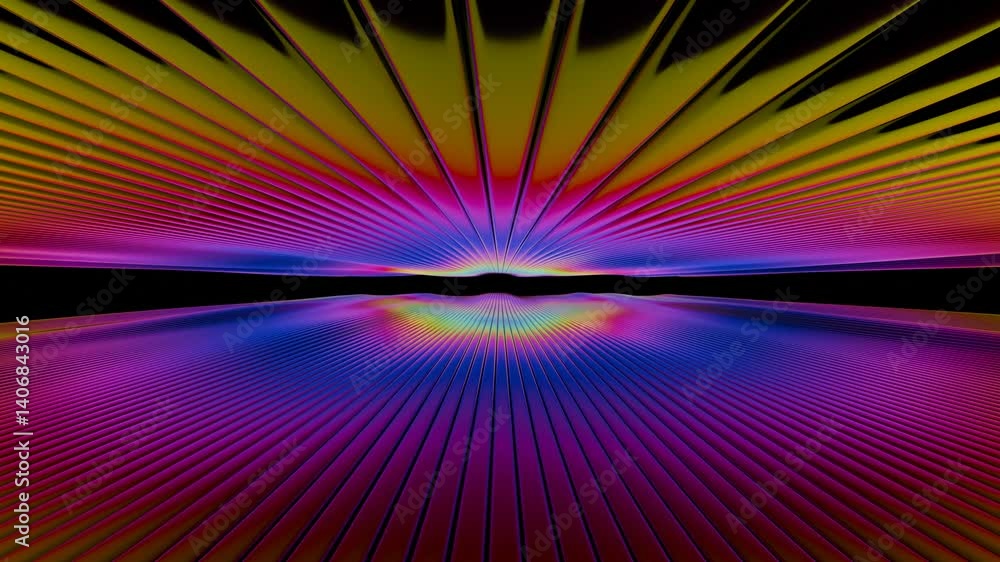 Poster Rainbow lines converge at the horizon, glowing in neon against a black backdrop, creating a dynamic wave pattern that merges illusions, technology, and synergy for a futuristic design.