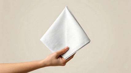 A hand holds a pristine white linen napkin against a neutral background perfect for elegant table settings restaurant menus or hospitality branding