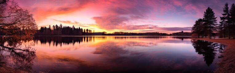 Fototapeta premium Serene sunset over a tranquil lake.