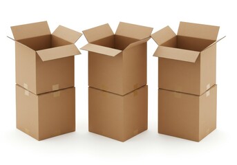 Three stacks of brown cardboard boxes on a white background ready for packing and shipping