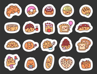 Cute cartoon bakery set featuring smiling croissants, donuts, buns, cupcakes, cakes, and other pastry characters in various emotional and funny poses for yours creative designs