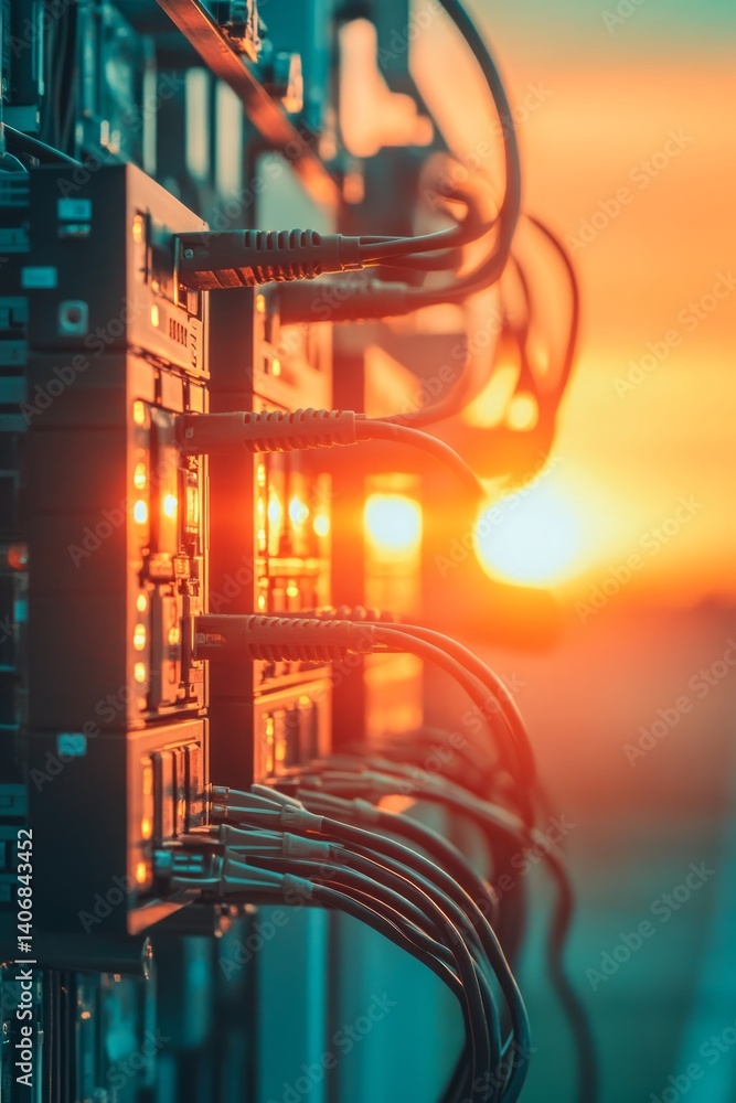 Poster cables connect various server components as sunlight streams in, creating a warm glow in the tech en