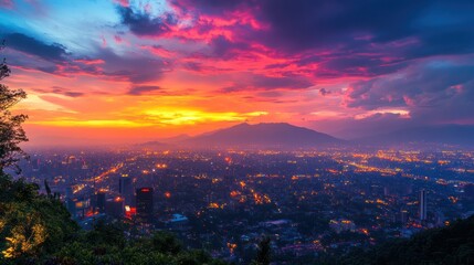Cityscape sunset, vibrant sky, mountain view, night lights, travel
