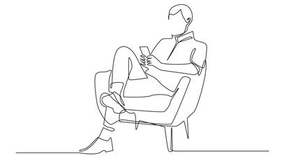 Continuous Line Drawing of Man Relaxing with Phone in Armchair on White.