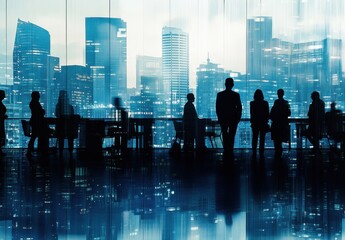 High contrast double exposure of business people in an office setting and cityscape