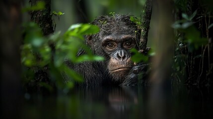 Obraz premium Mysterious chimpanzee observing from dense jungle nature photography tropical environment close-up perspective