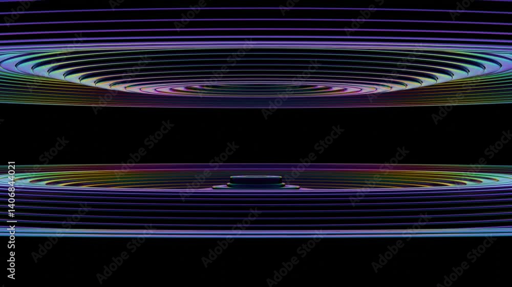 Poster concentric rainbow rings on a black background create swirling illusions and synergy, merging wave p