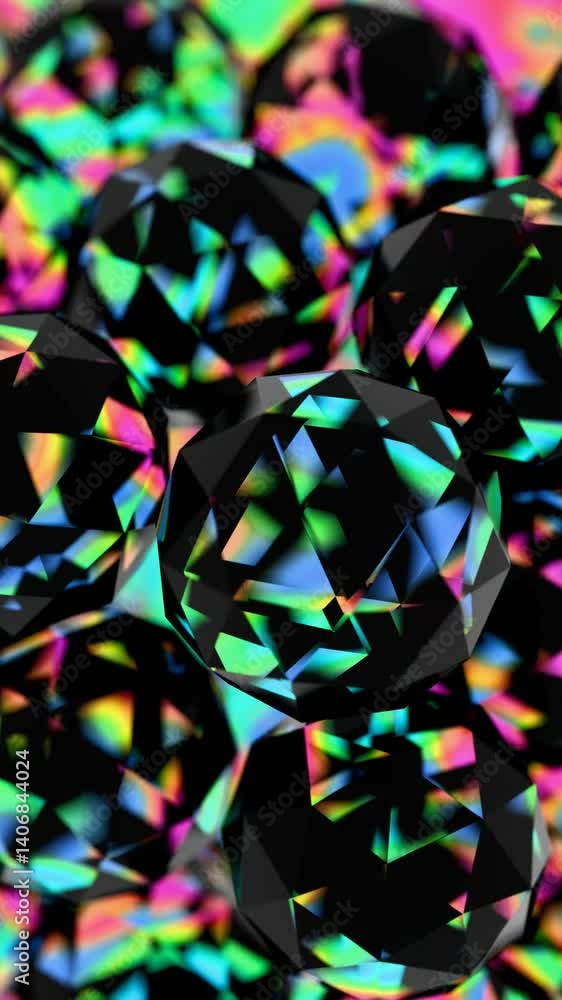 Poster black polyhedral shapes with vibrant, iridescent surfaces floating on a black background, merging il