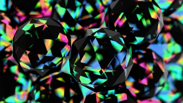 Black polyhedral shapes with vibrant, iridescent surfaces floating on a black background, merging illusions, technology, and wave pattern in a futuristic design.