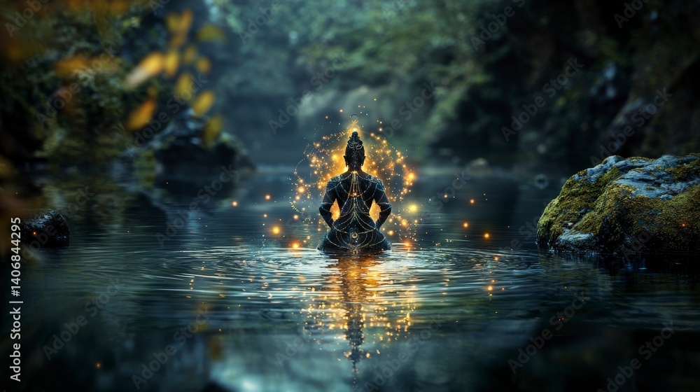 Poster meditative buddha in serene forest pool tranquil nature digital art mystical environment close-up vi