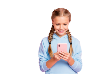 Photo of pretty little lady holding telephone hands reading positive comments for new post wear casual blue hoodie pullover isolated pastel pink color background