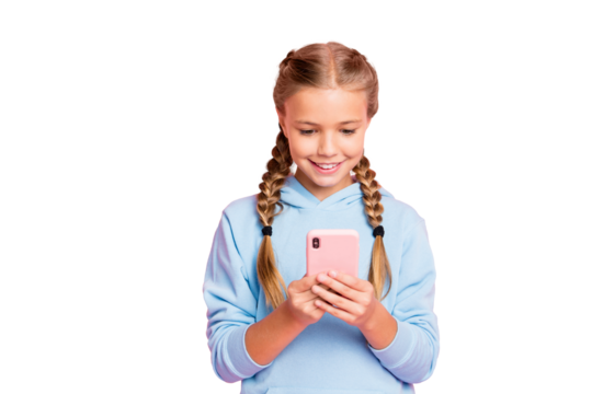 Photo of pretty little lady holding telephone hands reading positive comments for new post wear casual blue hoodie pullover isolated pastel pink color background