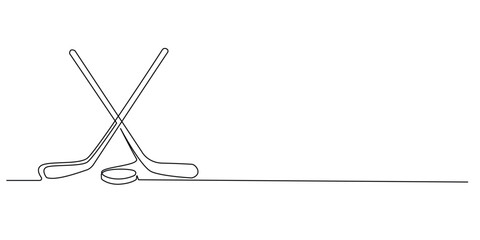 Hockey Sticks and Puck Continuous Line Drawing on White