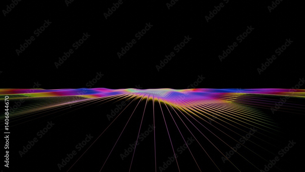 Poster Vibrant rainbow lines radiate across a dark background, forming a fluid wave-like surface with bright gradient stripes, evoking a dynamic and futuristic design..