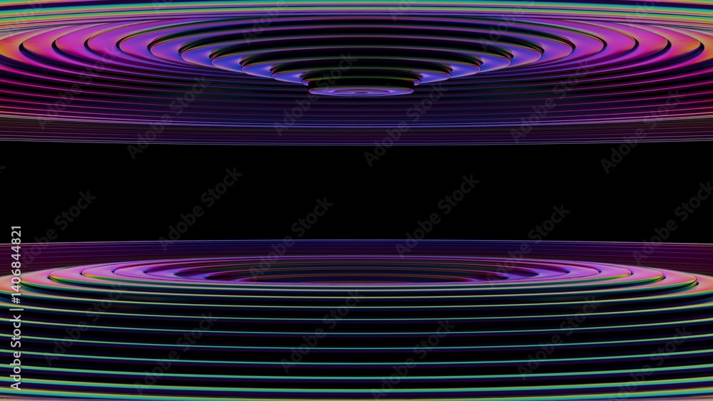 Poster Vibrant rainbow lines radiate across a dark background, forming a fluid wave-like surface with bright gradient stripes, evoking a dynamic and futuristic design..