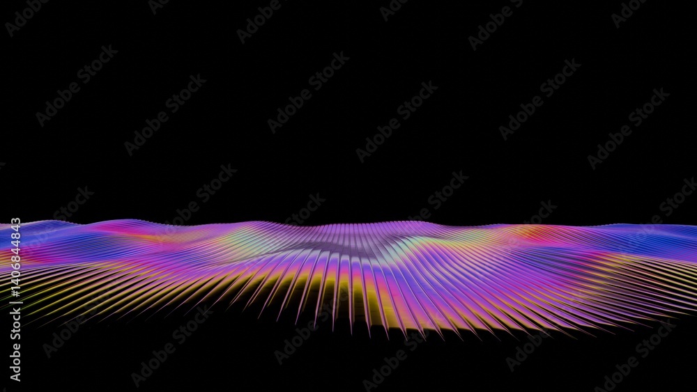 Aufkleber Vibrant rainbow lines radiate across a dark background, forming a fluid wave-like surface with bright gradient stripes, evoking a dynamic and futuristic design..