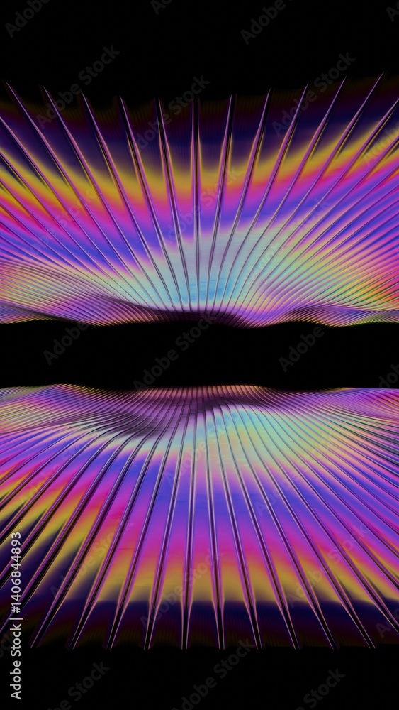 Aufkleber Vibrant rainbow lines radiate across a dark background, forming a fluid wave-like surface with bright gradient stripes, evoking a dynamic and futuristic design..