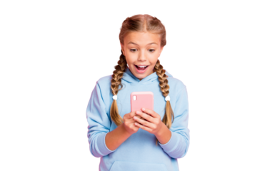 Photo of stylish trendy casual white cheerful nice cute girl using telephone to read feednews and browse through social media isolated over pastel color background