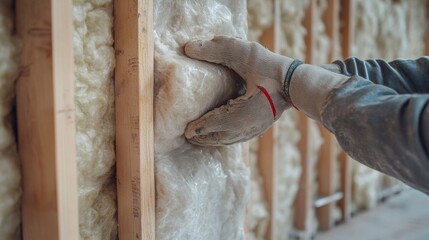 Construction worker placing insulation in a wall cavity. Featuring insulation work
