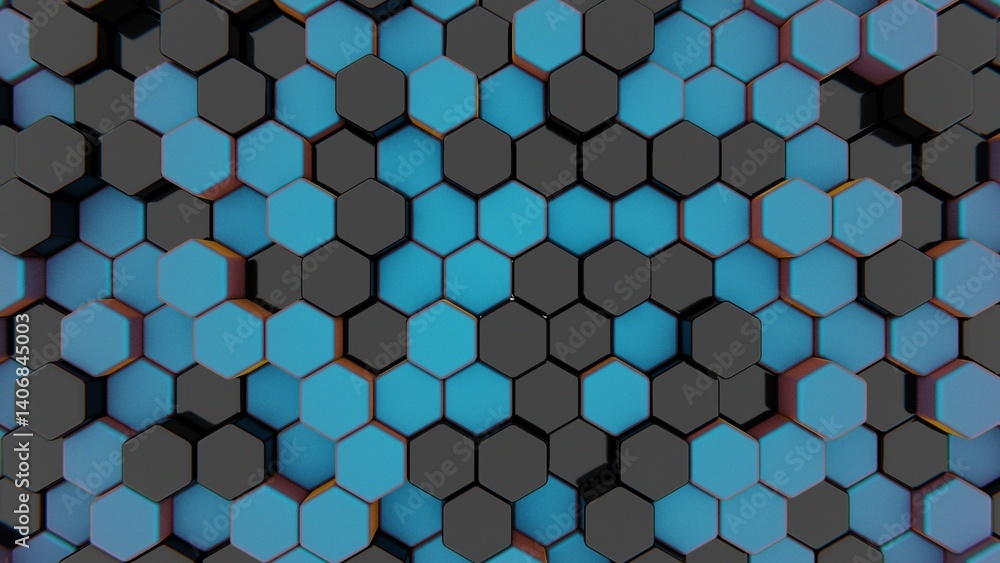 Poster Black and blue hexagonal 3D blocks arranged in a honeycomb pattern, forming a modern, minimal design with repetitive geometry and a futuristic mosaic aesthetic...