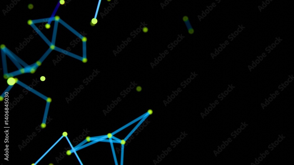 Poster Colorful network of glowing lines and nodes in neon shades, forming abstract geometric patterns against a black background, evoking a dynamic, futuristic design.