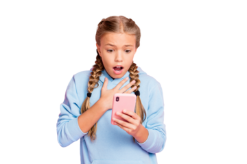 Photo of trendy terrified blonde haired white casual schoolgirl negative amazement wearing blue sport wear reading bad feednews receiving terrifying feedback isolated over pastel color background