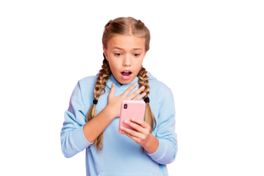 Photo of trendy terrified blonde haired white casual schoolgirl negative amazement wearing blue sport wear reading bad feednews receiving terrifying feedback isolated over pastel color background