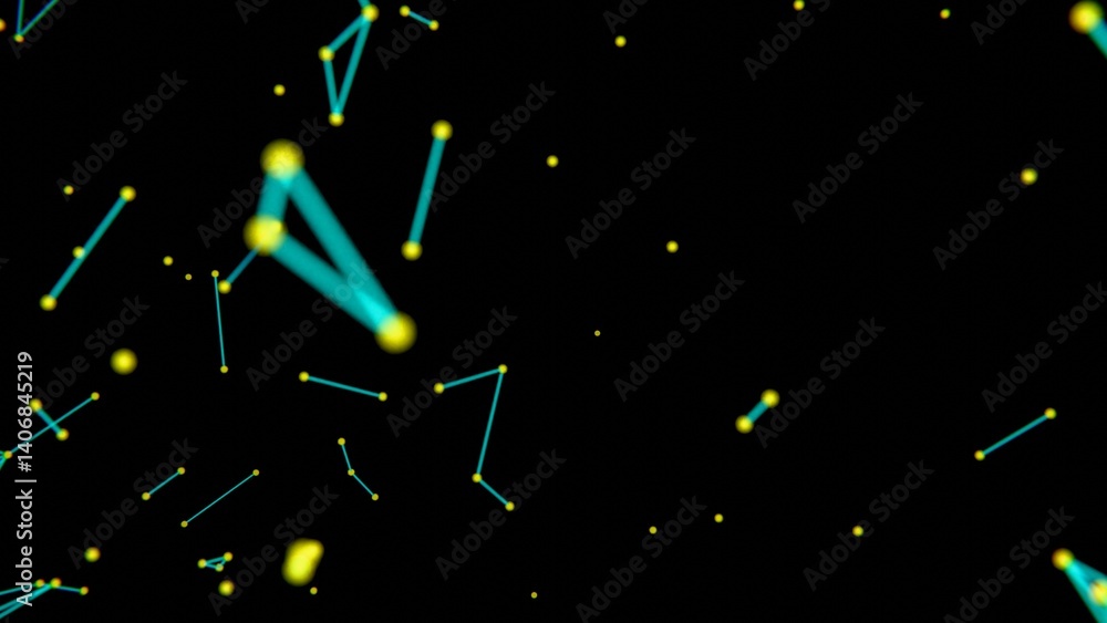 Poster Colorful network of glowing lines and nodes in neon shades, forming abstract geometric patterns against a black background, evoking a dynamic, futuristic design.