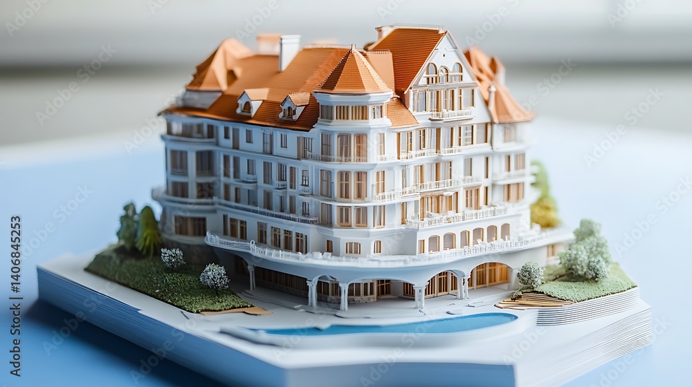 Poster viewing detailed building model with pool