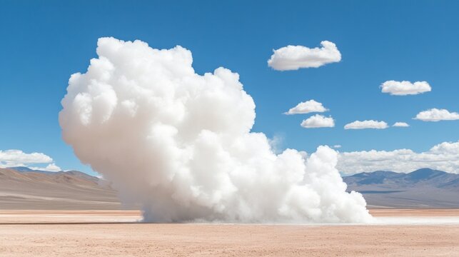 A powerful dust storm kicks up from the arid desert, showcasing the dramatic contrast between the brown earth and the bright blue sky filled with clouds
