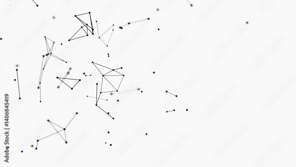 Fototapete Delicate lines and nodes form an abstract floating network on a white background, blending illusions and technology in a minimal, futuristic design........