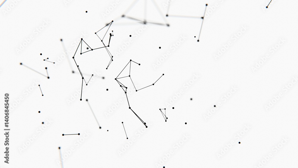 Poster Delicate lines and nodes form an abstract floating network on a white background, blending illusions and technology in a minimal, futuristic design........