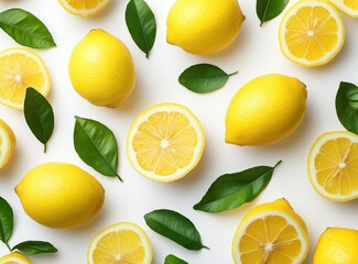 Fresh Lemons and Green Leaves Arrangement on White Background for Culinary and Health Related Concepts and Designs