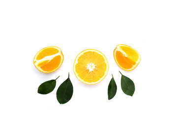 Fresh orange fruit with green leaves, high vitamin c
