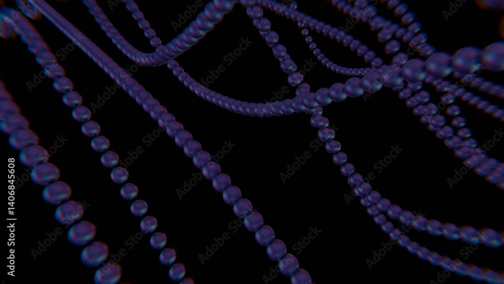 Poster Strings of purple spheres form a flowing wave pattern on a black background, blending illusions and technology into a dynamic, futuristic design........