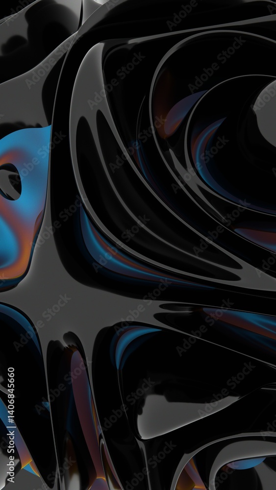 Poster A glossy black and blue swirl with hints of orange, forming a fluid, modern shape that merges reflection and color shifts in a dynamic 3D design........