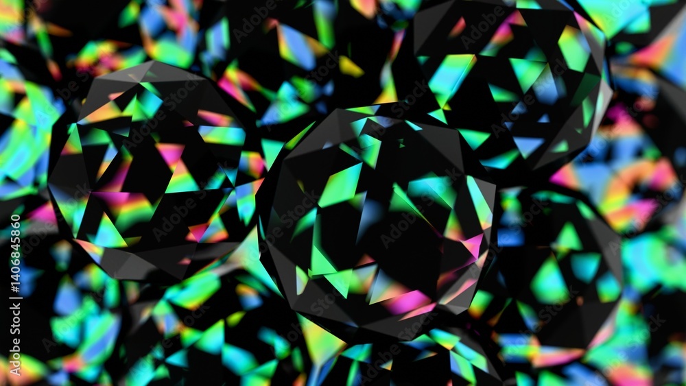 Poster black polyhedral shapes with vibrant, iridescent surfaces floating on a black background, merging il