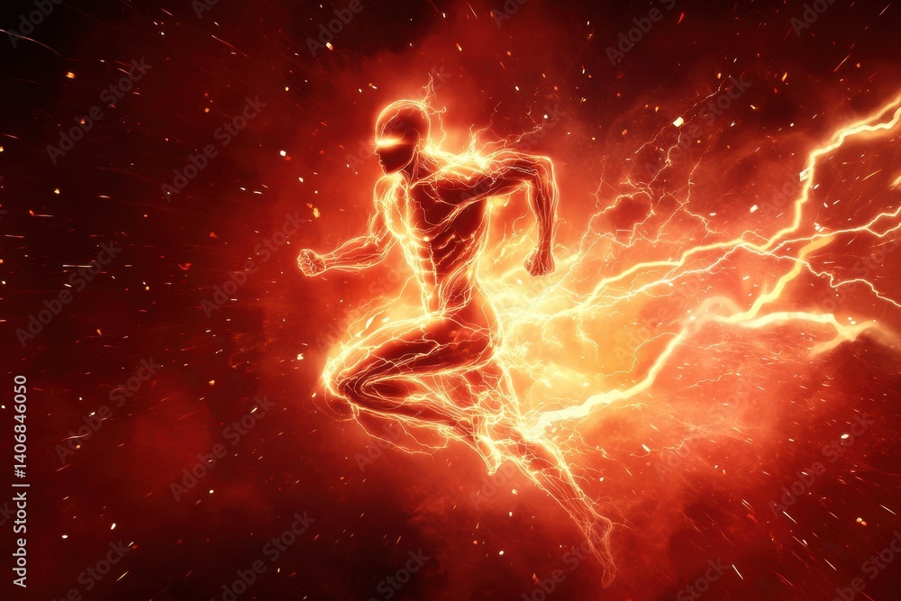 Fototapete Stylized lightning energy burst surrounds muscular figure in dynamic red background while running swiftly in a powerful display of motion