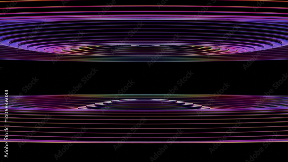 Poster Concentric rainbow rings on a black background create swirling illusions and synergy, merging wave patterns with a vibrant, minimalistic, and futuristic design........
