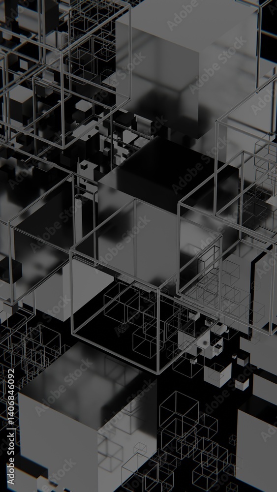 Aufkleber complex arrangement of black, wireframe, and colored cubes forming a floating 3d structure on a blac