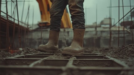 Construction worker pouring concrete for a foundation. Featuring concrete pouring