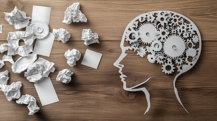 Unraveling Thoughts: Artistic conceptualization of the human mind, depicted as a silhouette head with intricate gear mechanisms within, set amidst crumpled paper and blank notes.