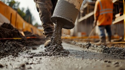 Construction worker pouring concrete for a sidewalk. Featuring concrete work