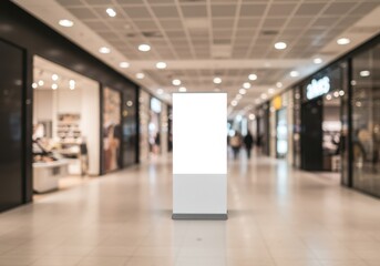 Blank advertising stand in a blurry shopping mall with storefronts and people walking by in background