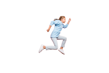 I am number one! Full length profile photo of pretty small lady jumping high running to finish line champion spirit wear casual outfit isolated pastel pink color background